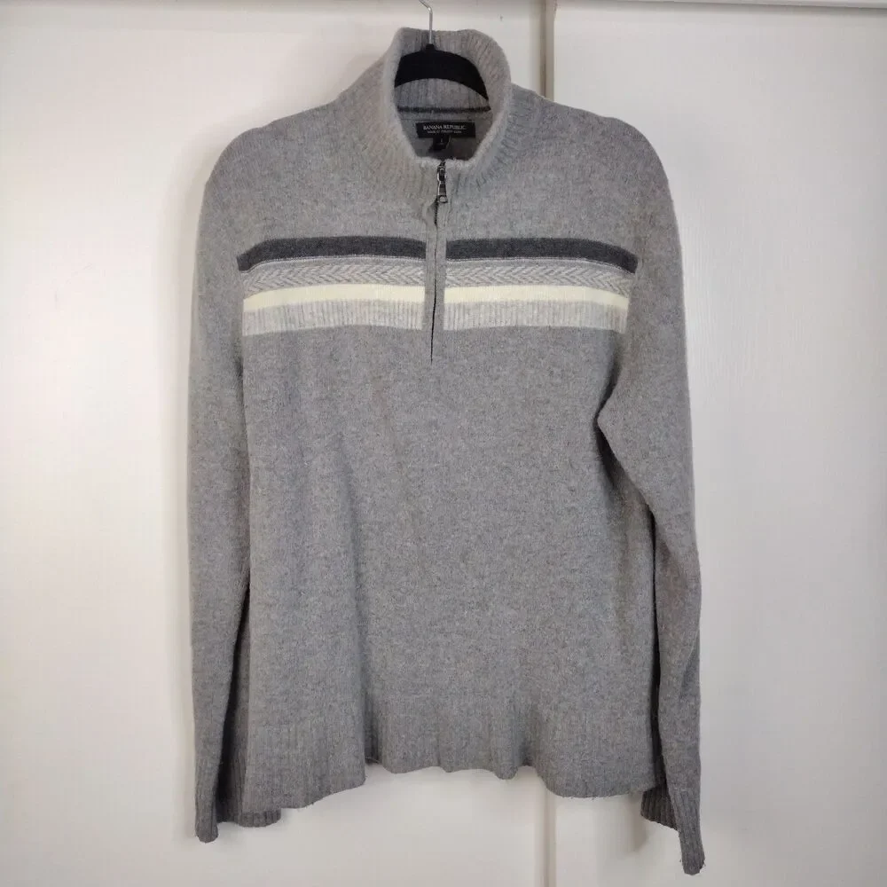 Banana Republic Italian Yard Wool Blend 1/4 Zip Sweater Mens Size L Grey Striped